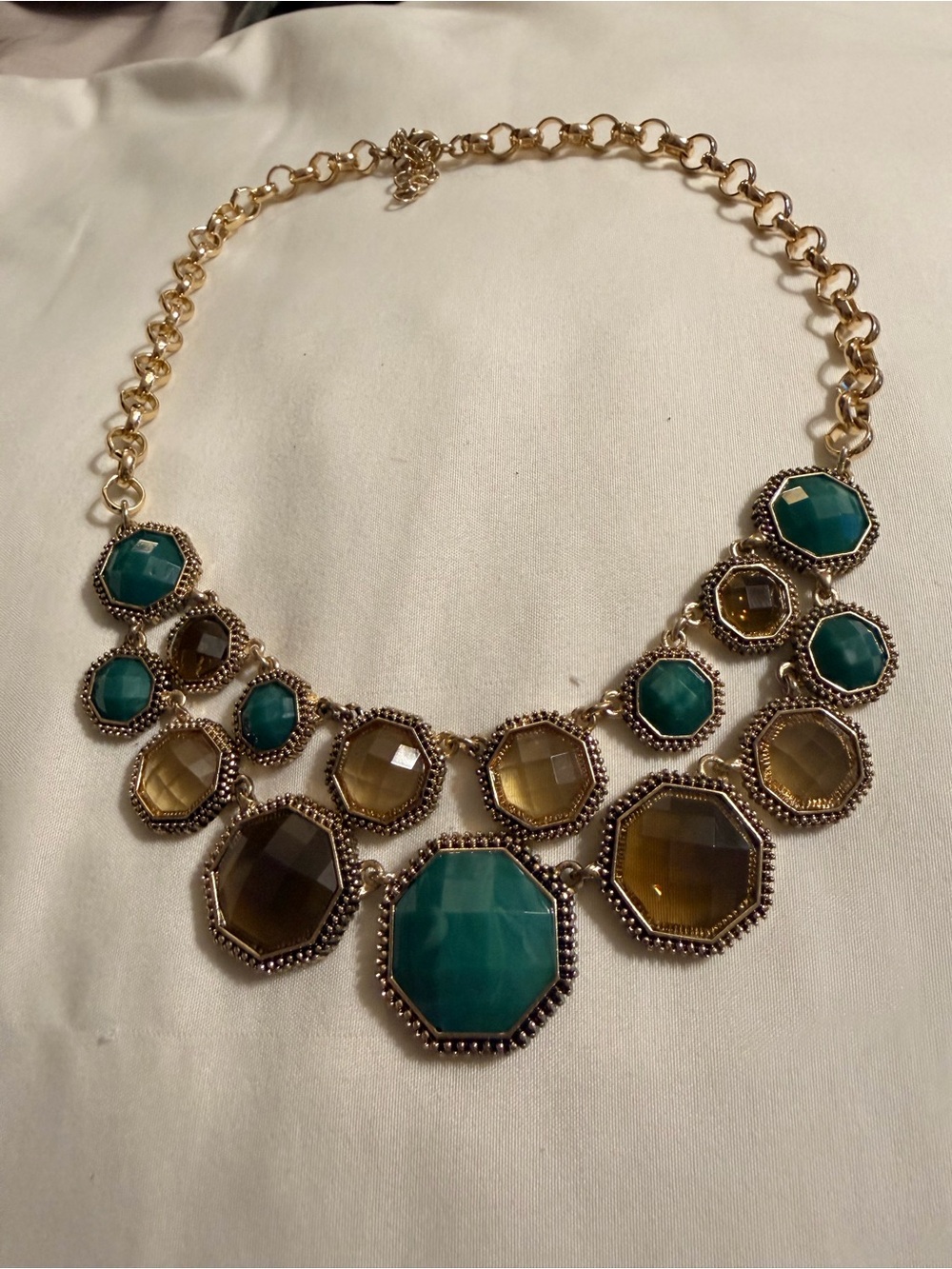 Gold Statement Necklace with Teal and Amber Gemstones